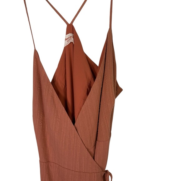 Showpo Terracotta Spaghetti Strap Wrap Dress V Neck Sleeveless Mini Tie Waist - Picture 3 of 7